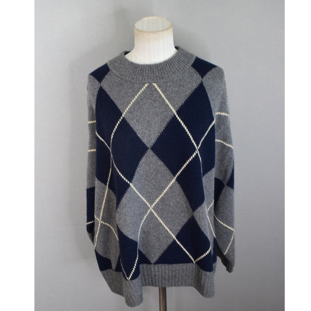 Reformation Cove Cashmere Argyle Sweater M Grey Navy Relaxed Crew Neck Womens